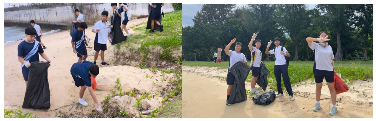 Students engaged in their beach clean-up